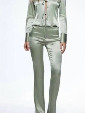 Zara Woman Sea Green Satin Shirt & Trousers Size XS